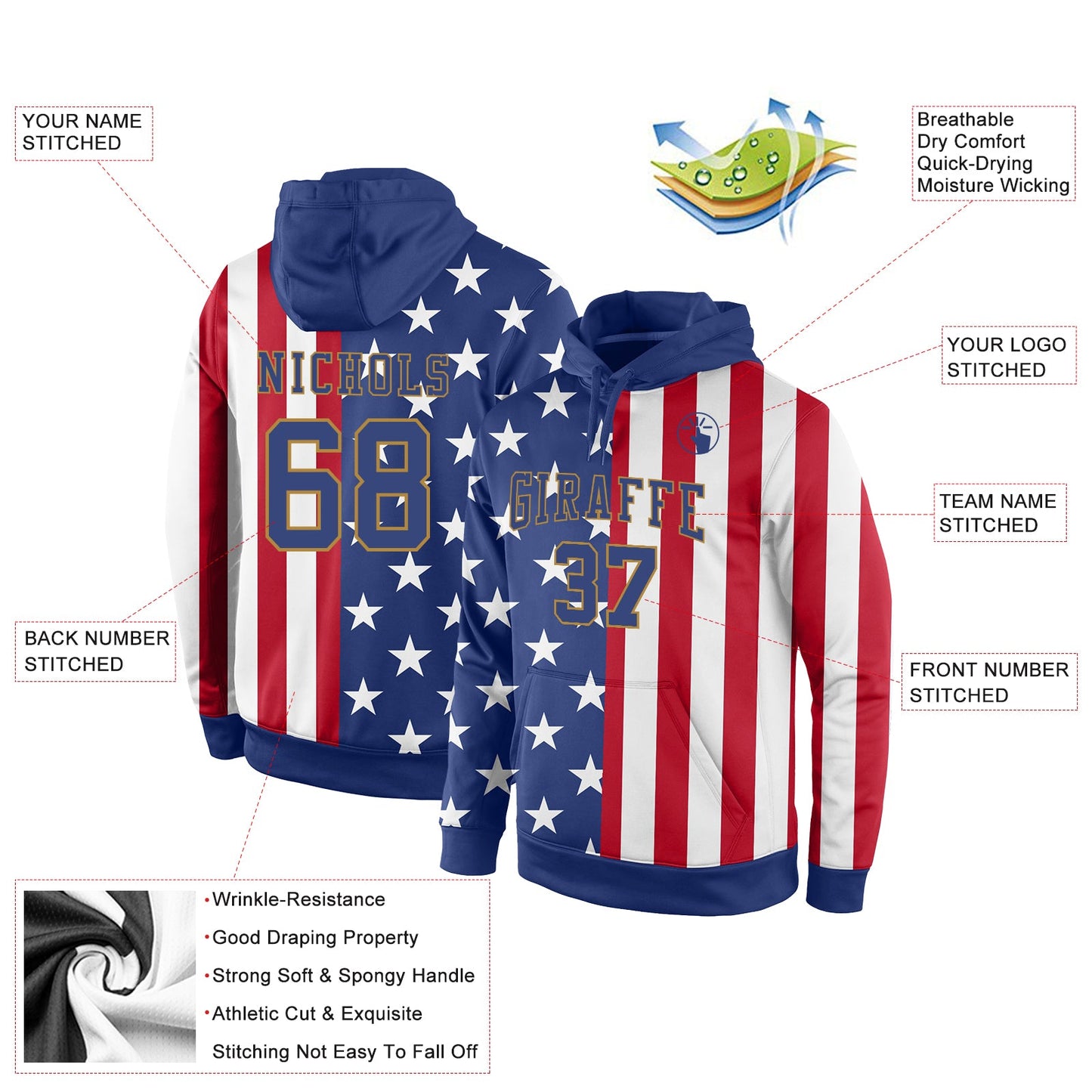 Custom Stitched Red Royal-Old Gold 3D American Flag Fashion Sports Pullover Sweatshirt Hoodie view 2