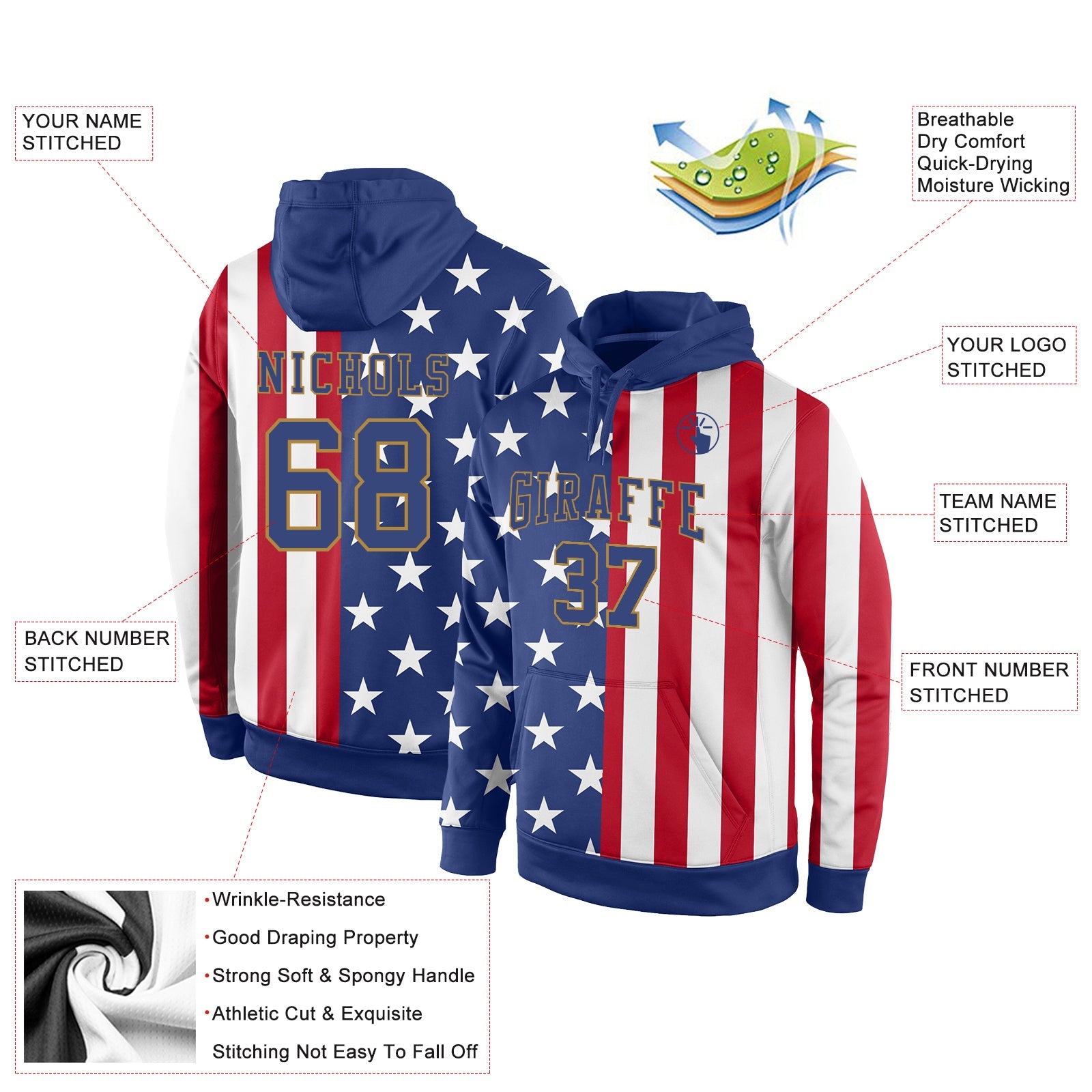 Custom Stitched Red Royal-Old Gold 3D American Flag Fashion Sports Pullover Sweatshirt Hoodie view 2