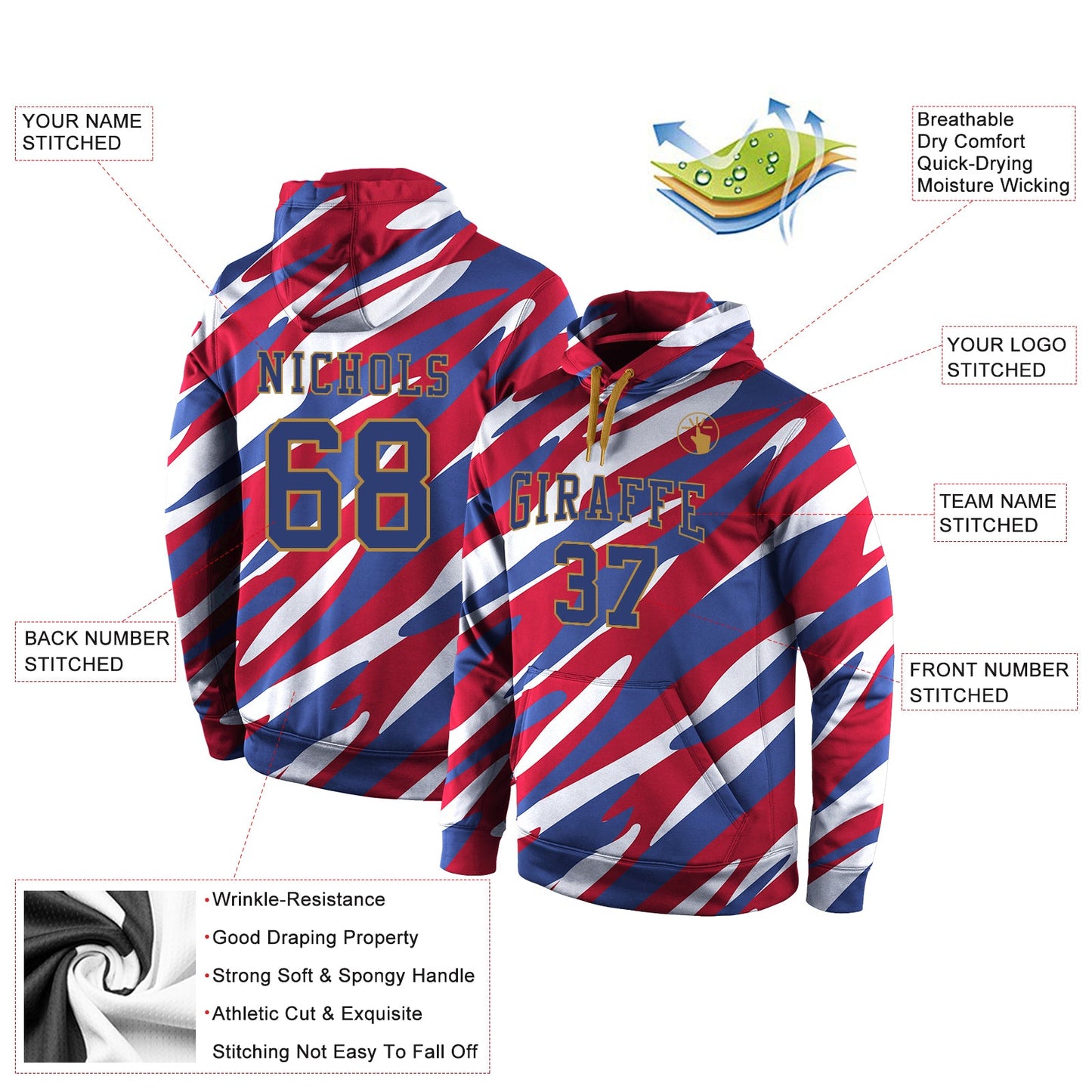 Custom Stitched Red Royal-Old Gold 3D Pattern Design Sports Pullover Sweatshirt Hoodie view 2