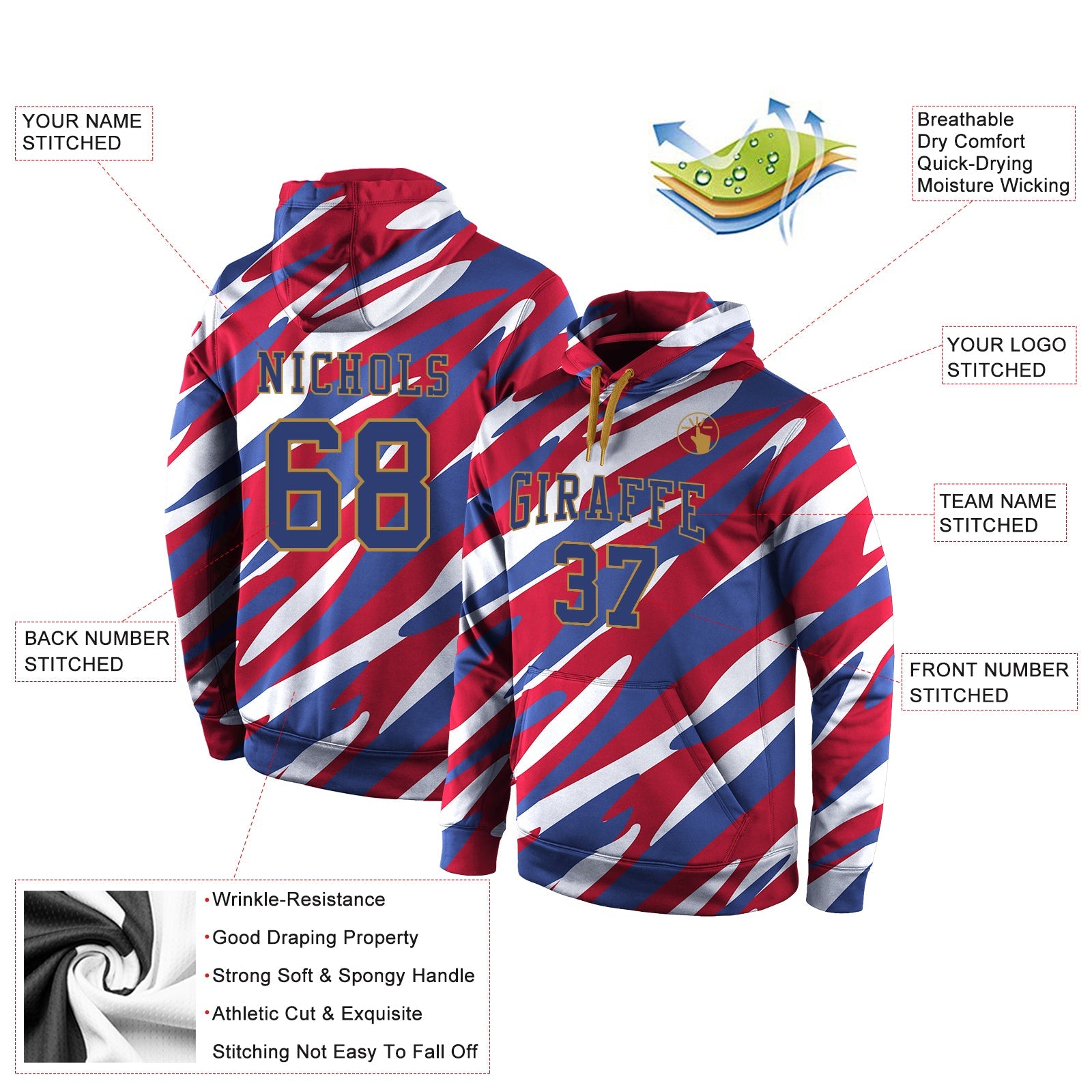 Custom Stitched Red Royal-Old Gold 3D Pattern Design Sports Pullover Sweatshirt Hoodie view 2
