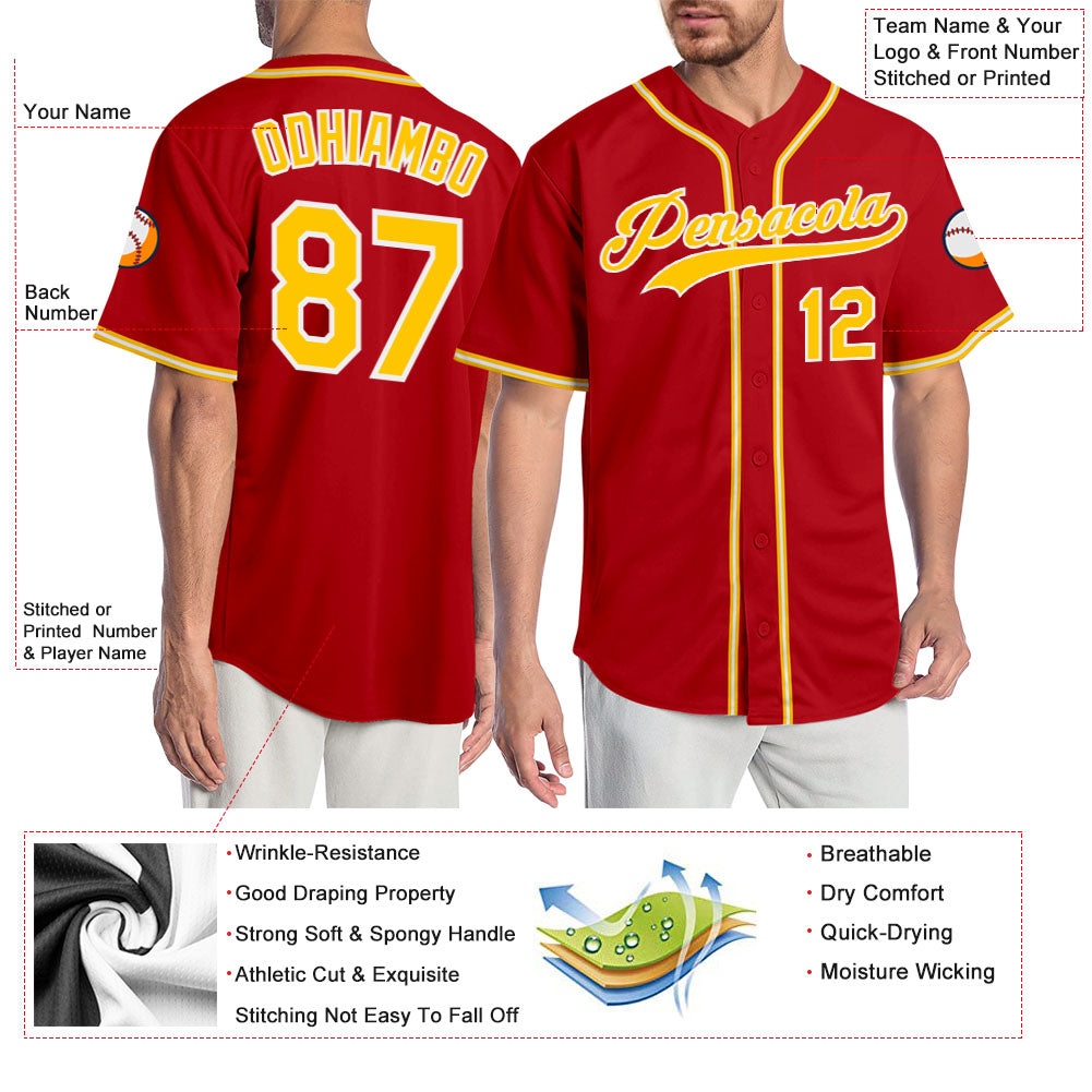 Custom Red Gold-White Authentic Baseball Jersey view 3