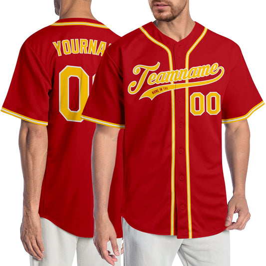 Custom Red Gold-White Authentic Baseball Jersey - Main View