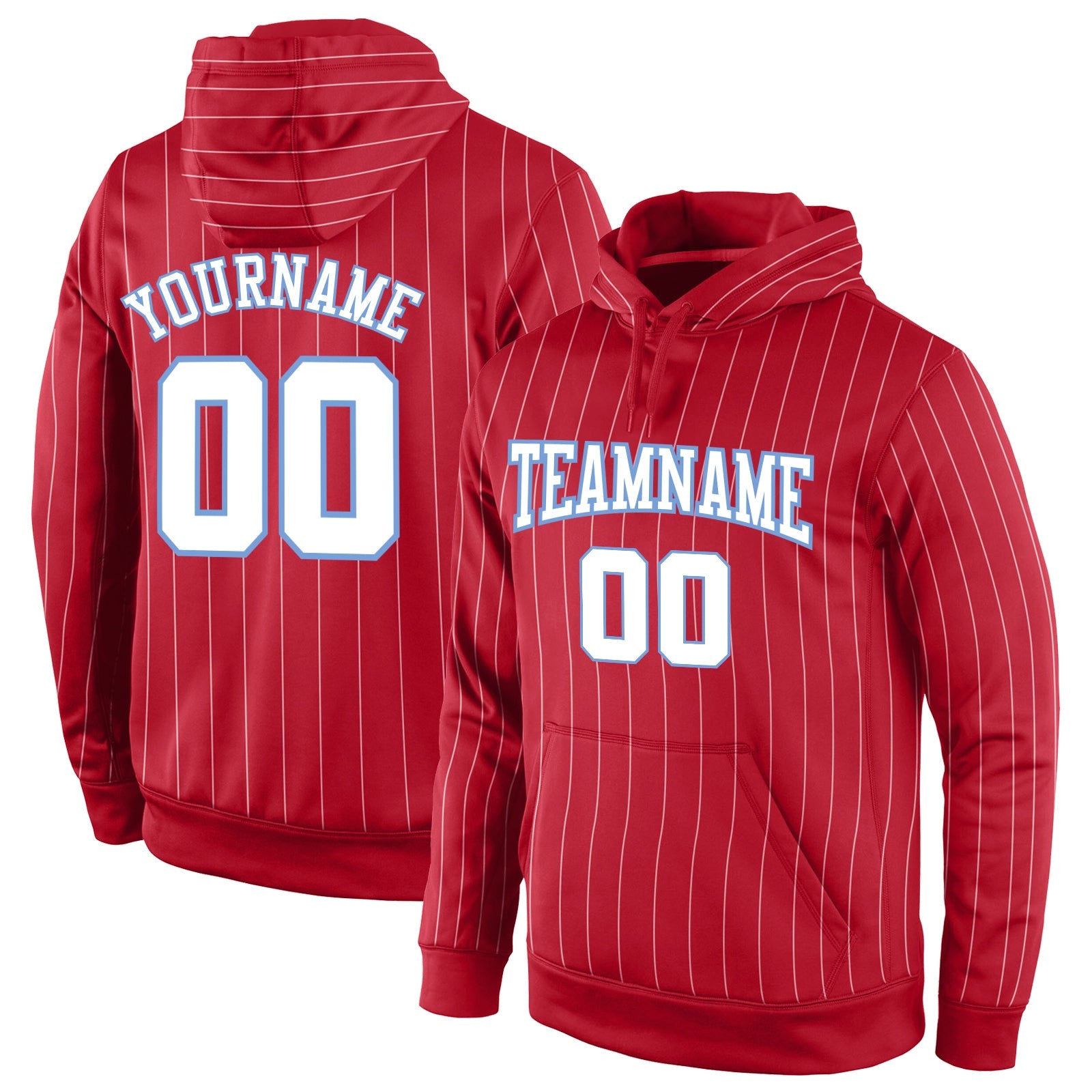 Custom Stitched Red White Pinstripe White-Light Blue Sports Pullover Sweatshirt Hoodie - Main View