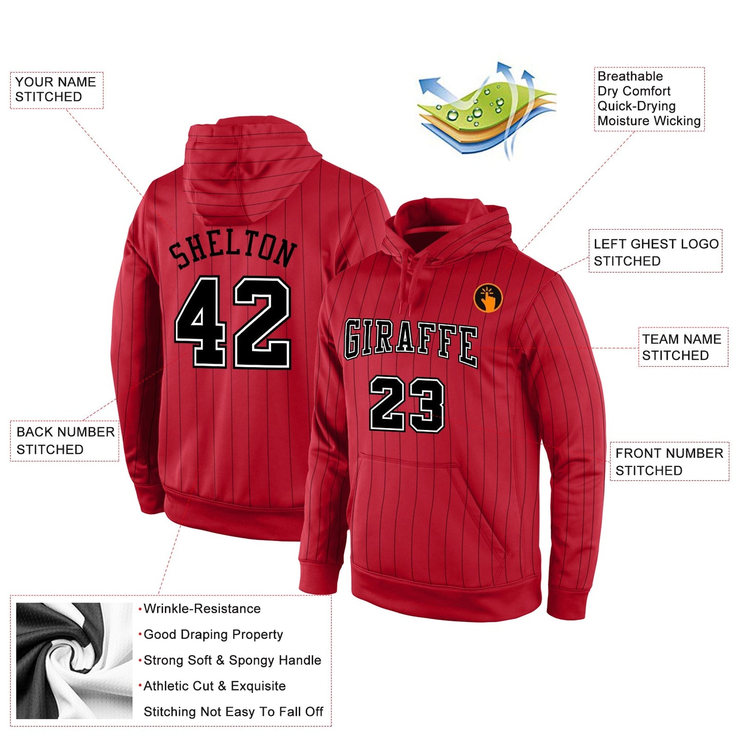 Custom Stitched Red Black Pinstripe Black-White Sports Pullover Sweatshirt Hoodie view 2