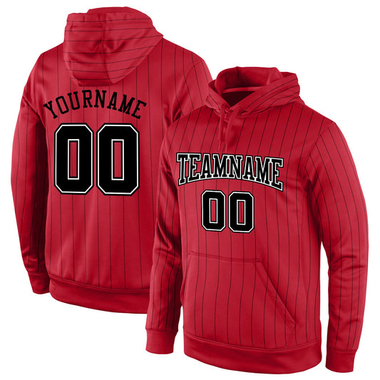Custom Stitched Red Black Pinstripe Black-White Sports Pullover Sweatshirt Hoodie - Main View