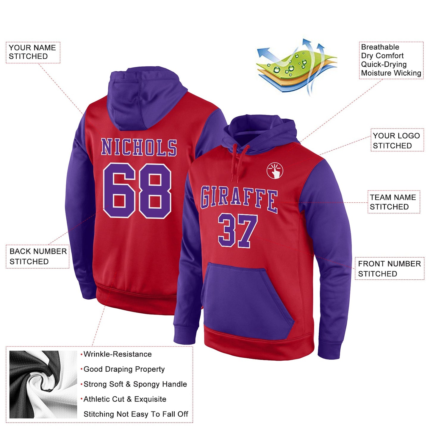 Custom Stitched Red Purple-White Sports Pullover Sweatshirt Hoodie view 2
