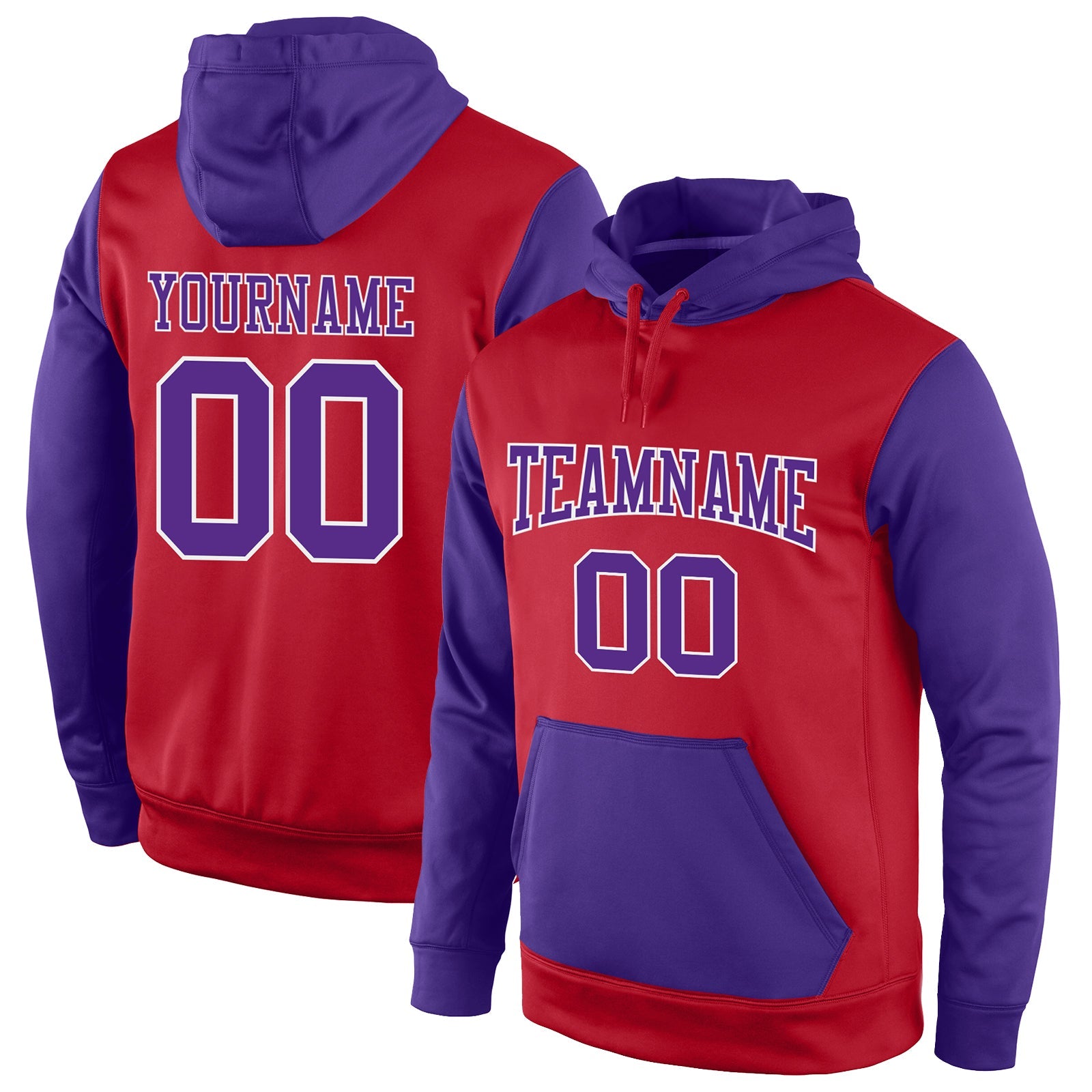 Custom Stitched Red Purple-White Sports Pullover Sweatshirt Hoodie - Main View