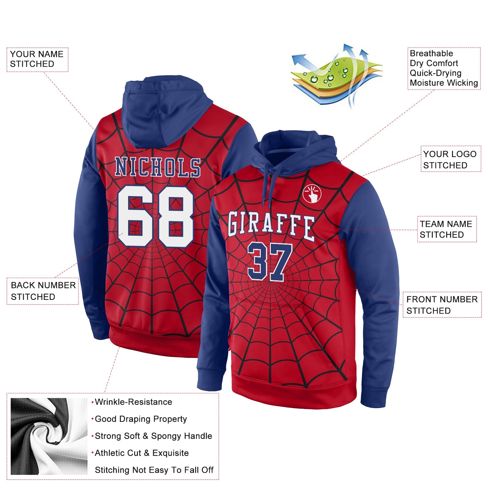 Custom Stitched Red White-Royal 3D Pattern Design Spider Sports Pullover Sweatshirt Hoodie view 2