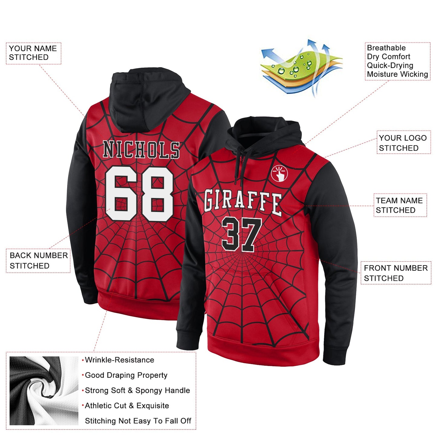 Custom Stitched Red White-Black 3D Pattern Design Spider Sports Pullover Sweatshirt Hoodie view 2
