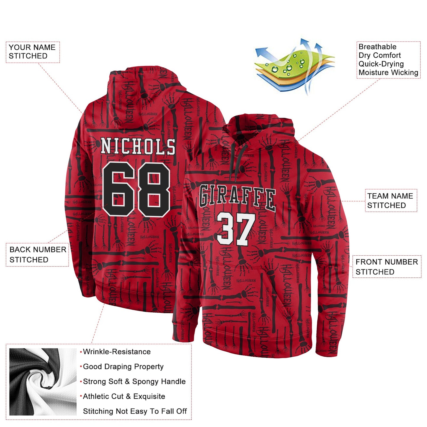 Custom Stitched Red Black-White 3D Pattern Halloween Sports Pullover Sweatshirt Hoodie view 2