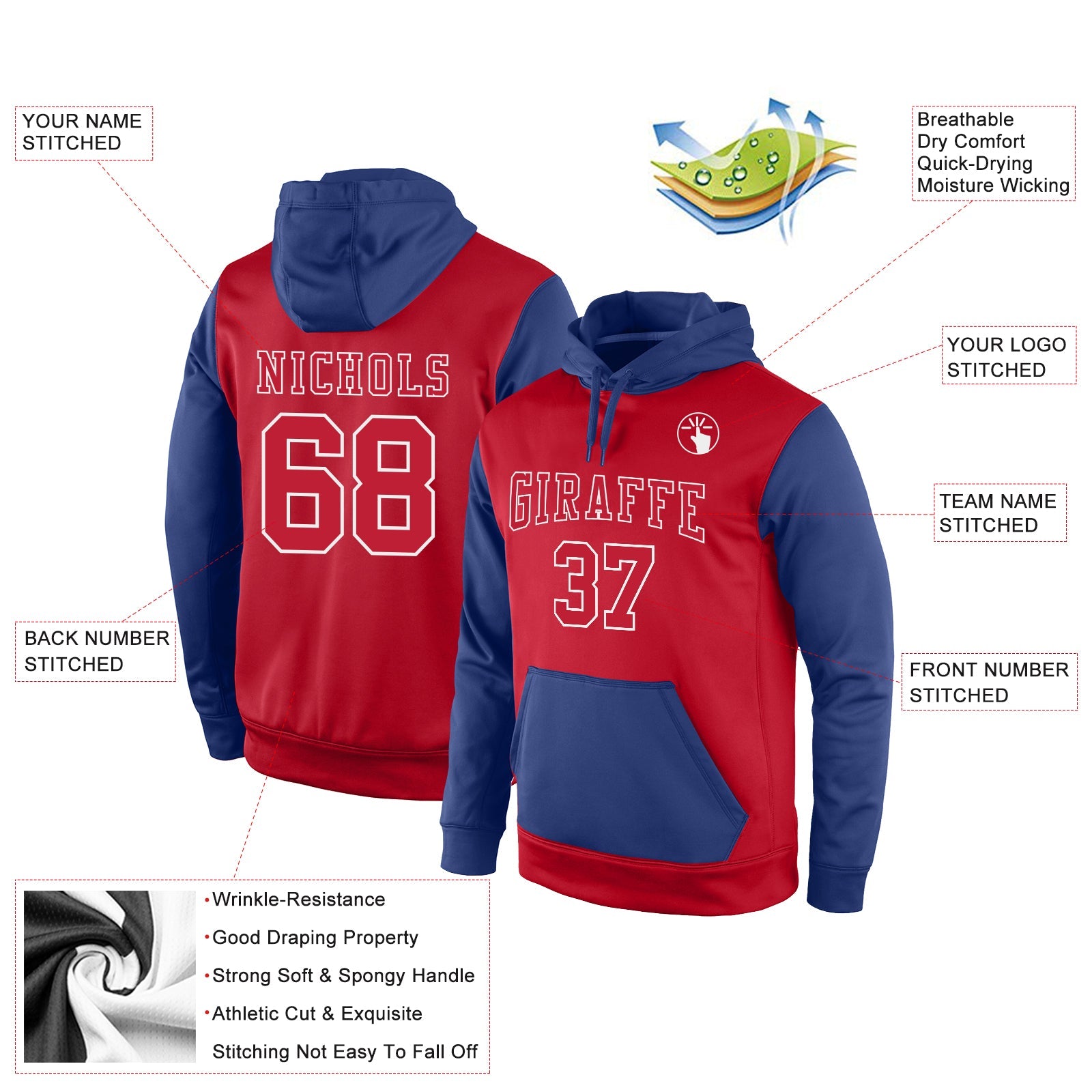 Custom Stitched Red Red-Royal Sports Pullover Sweatshirt Hoodie view 2