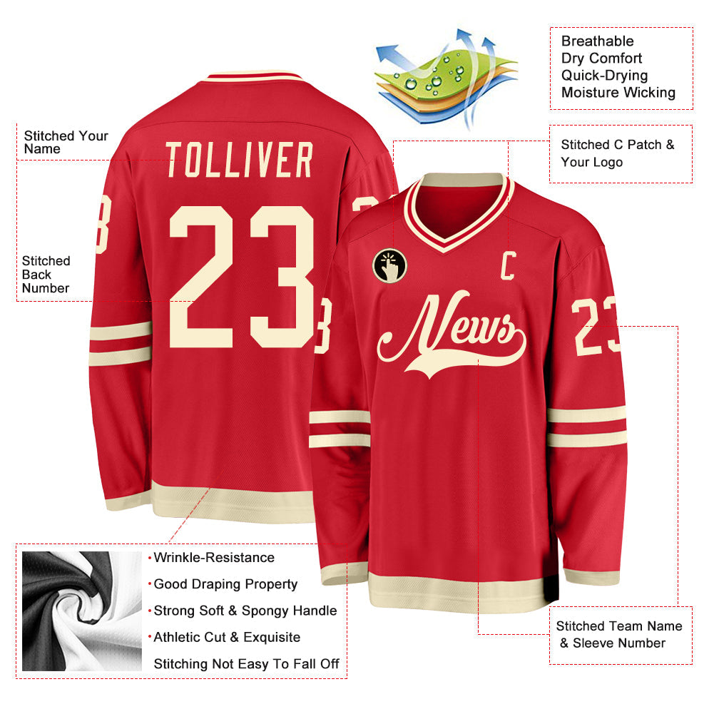 Custom Red Cream Hockey Jersey view 3
