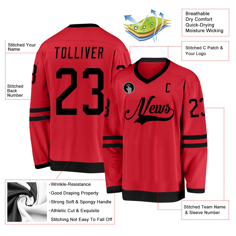 Custom Red Black Hockey Jersey view 2
