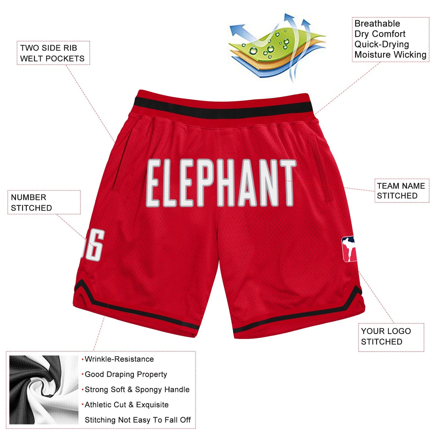 Custom Red White-Gray Authentic Throwback Basketball Shorts view 2