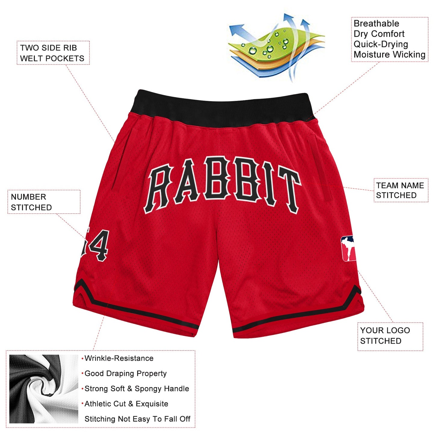 Custom Red Black-White Authentic Throwback Basketball Shorts view 2