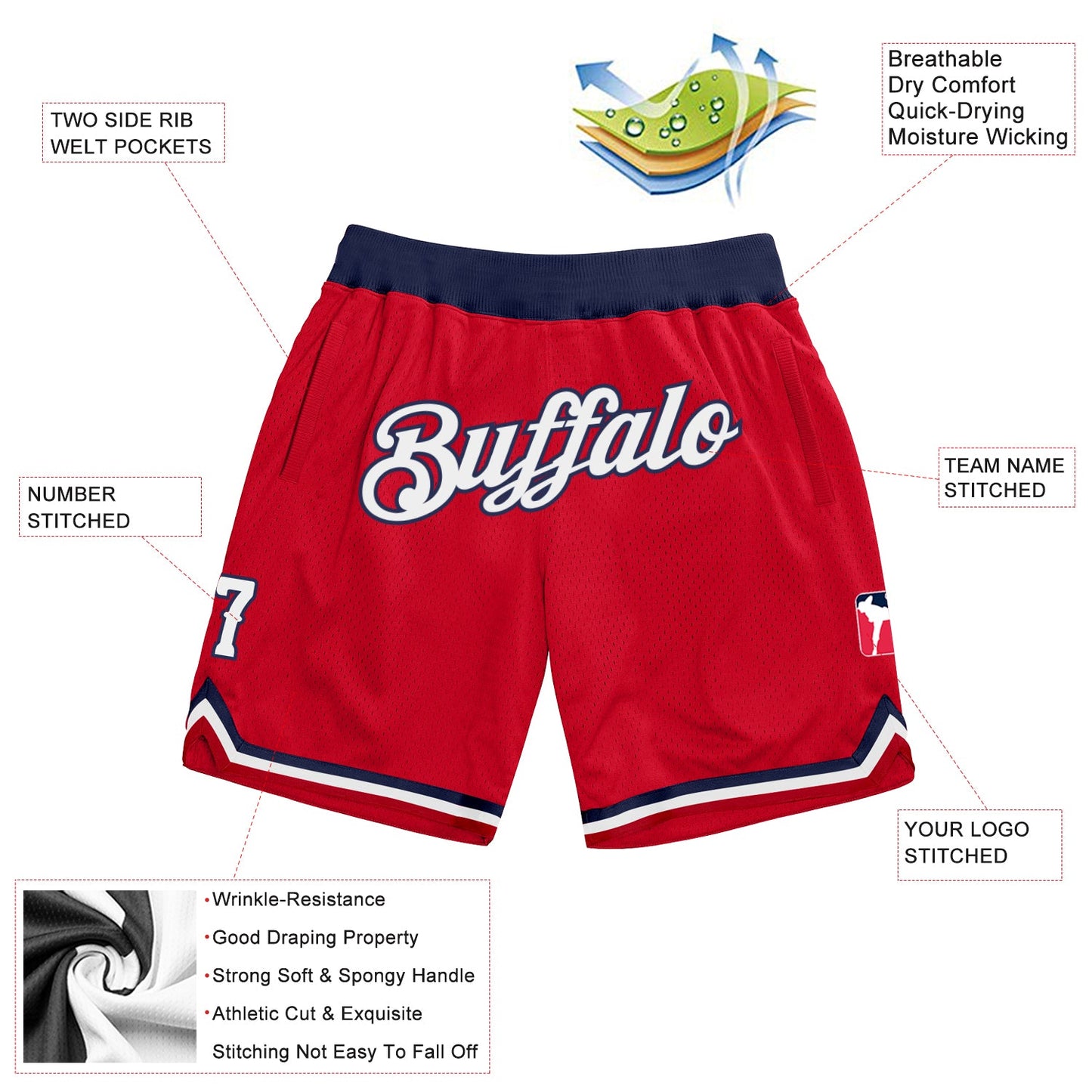Custom Red White-Navy Authentic Throwback Basketball Shorts view 2