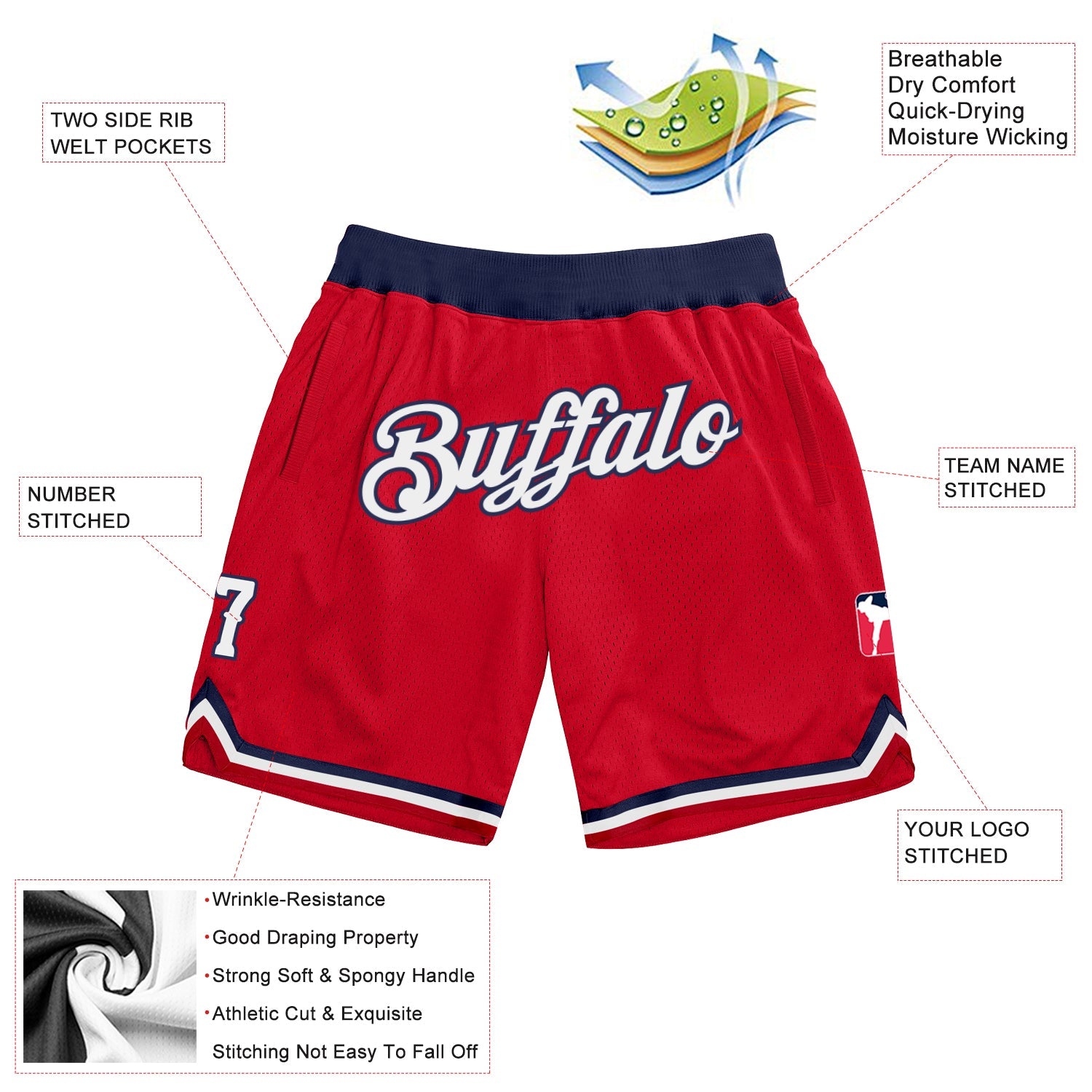 Custom Red White-Navy Authentic Throwback Basketball Shorts view 2