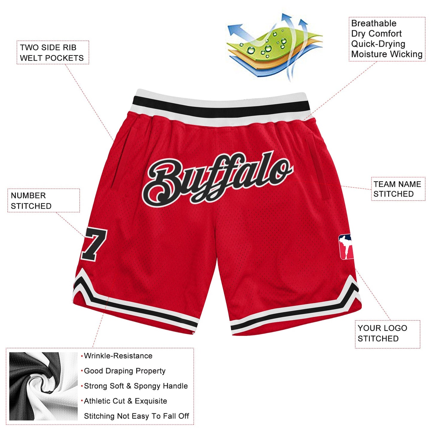 Custom Red Black-White Authentic Throwback Basketball Shorts view 2