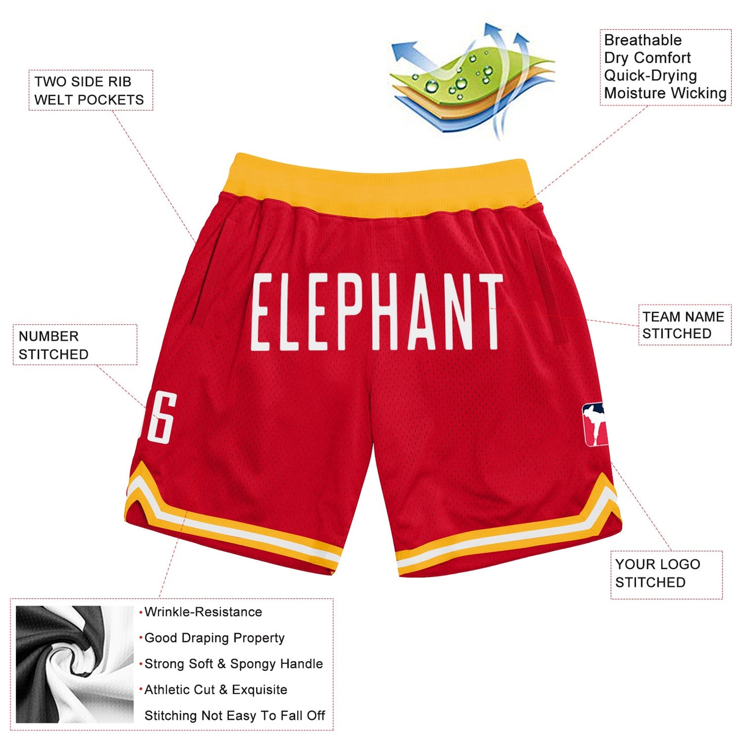 Custom Red White Authentic Throwback Basketball Shorts view 2