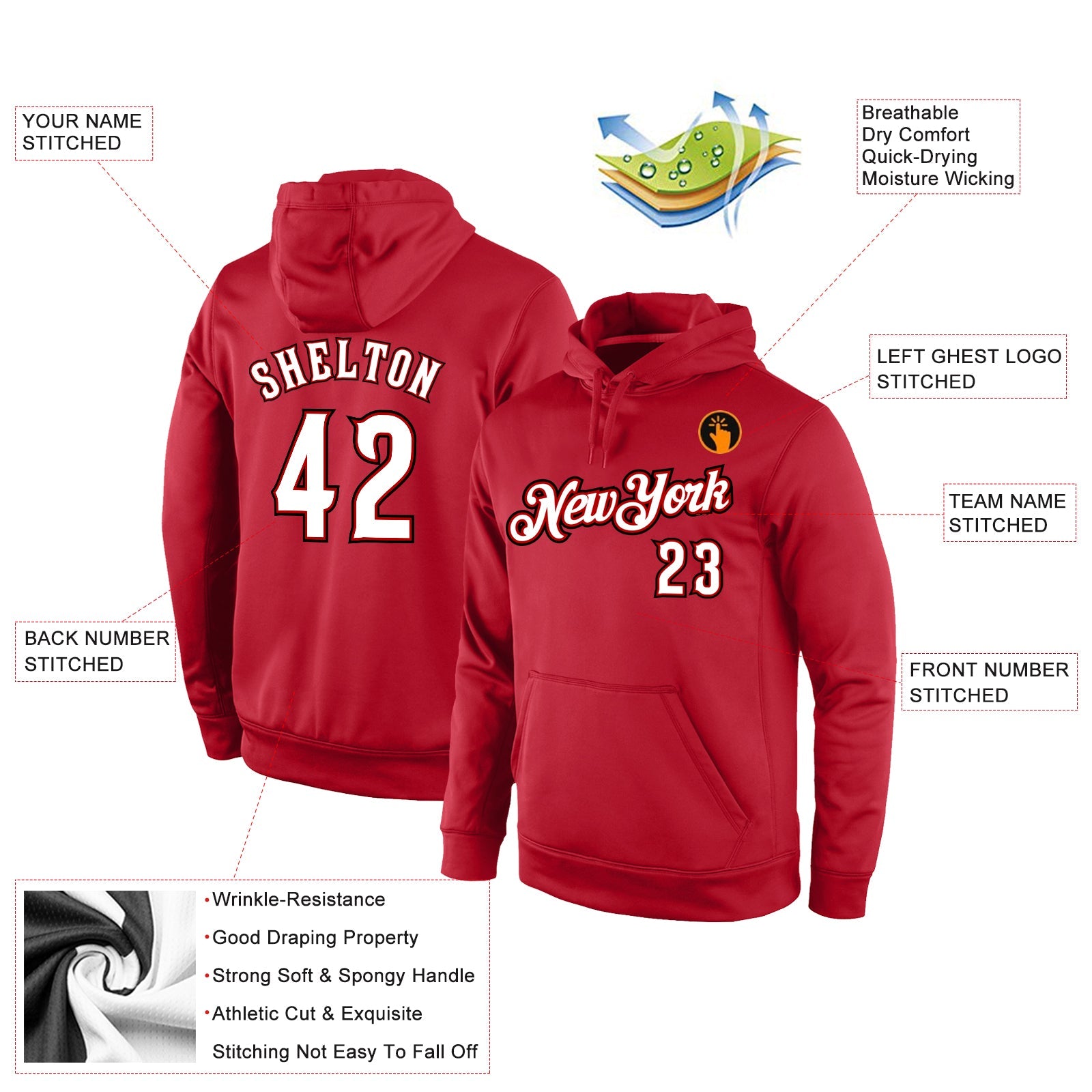 Custom Stitched Red White-Black Sports Pullover Sweatshirt Hoodie view 2