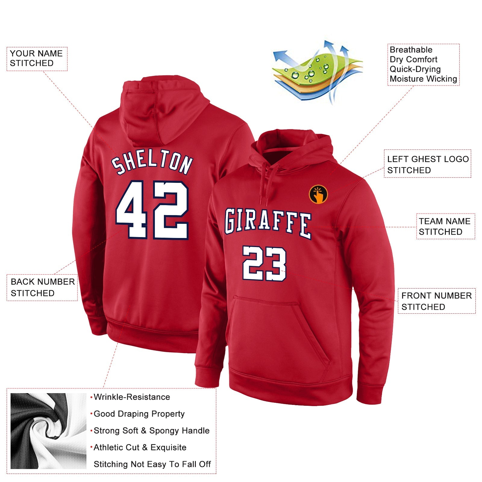 Custom Stitched Red White-Navy Sports Pullover Sweatshirt Hoodie view 2