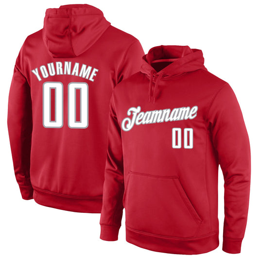 Custom Stitched Red White-Gray Sports Pullover Sweatshirt Hoodie - Main View