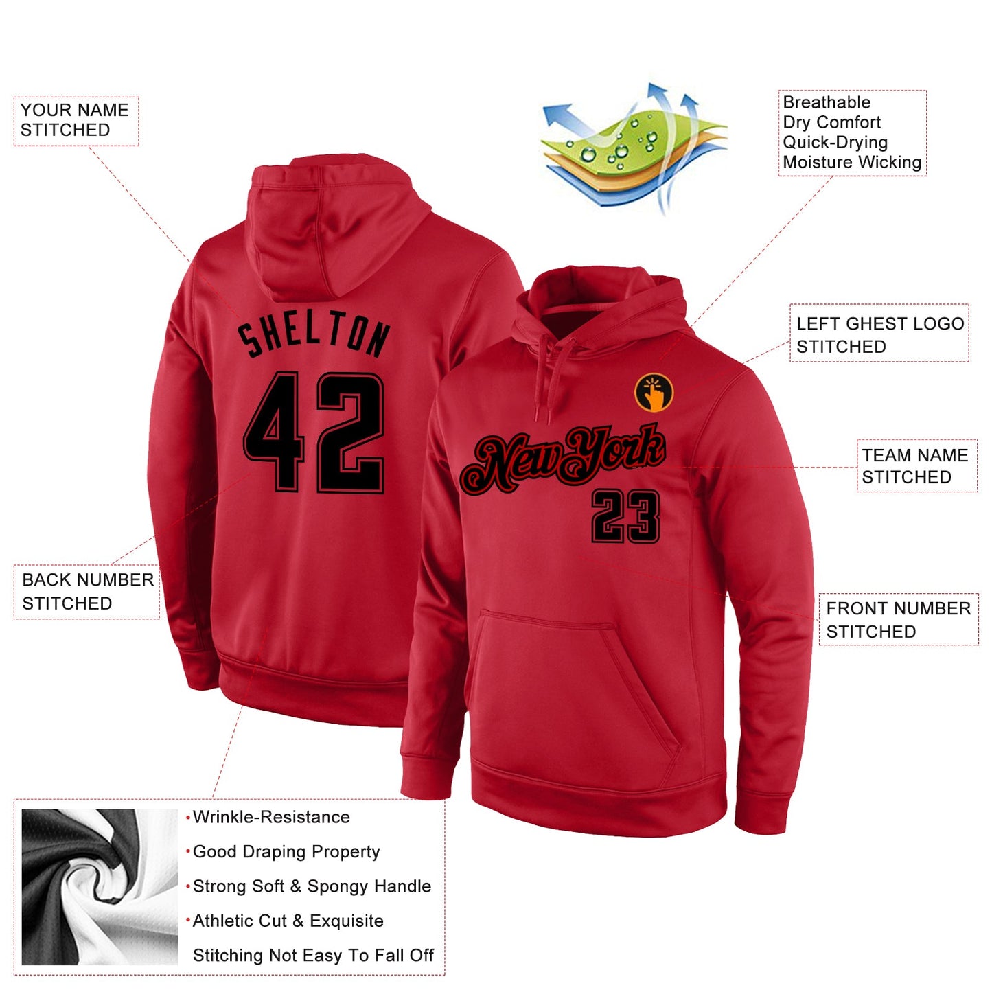 Custom Stitched Red Black-Red Sports Pullover Sweatshirt Hoodie view 2