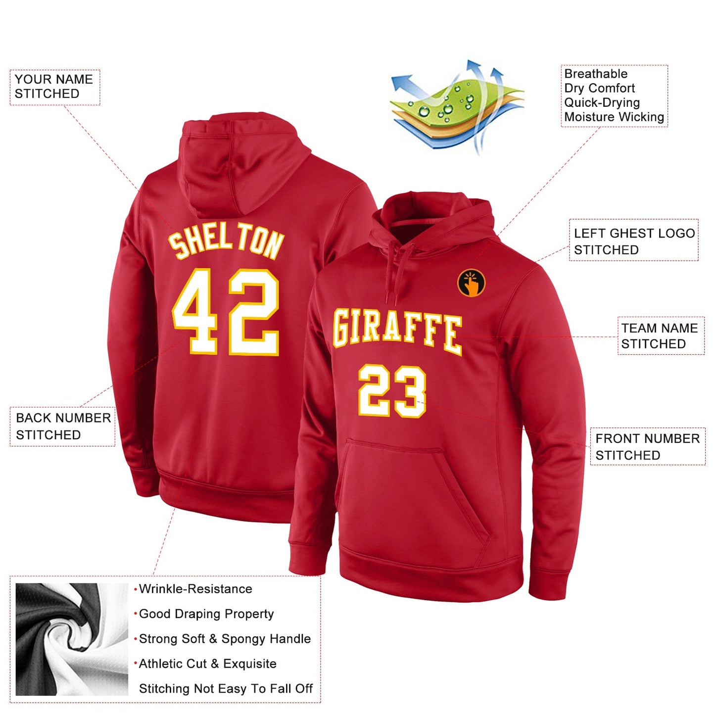 Custom Stitched Red White-Gold Sports Pullover Sweatshirt Hoodie view 2