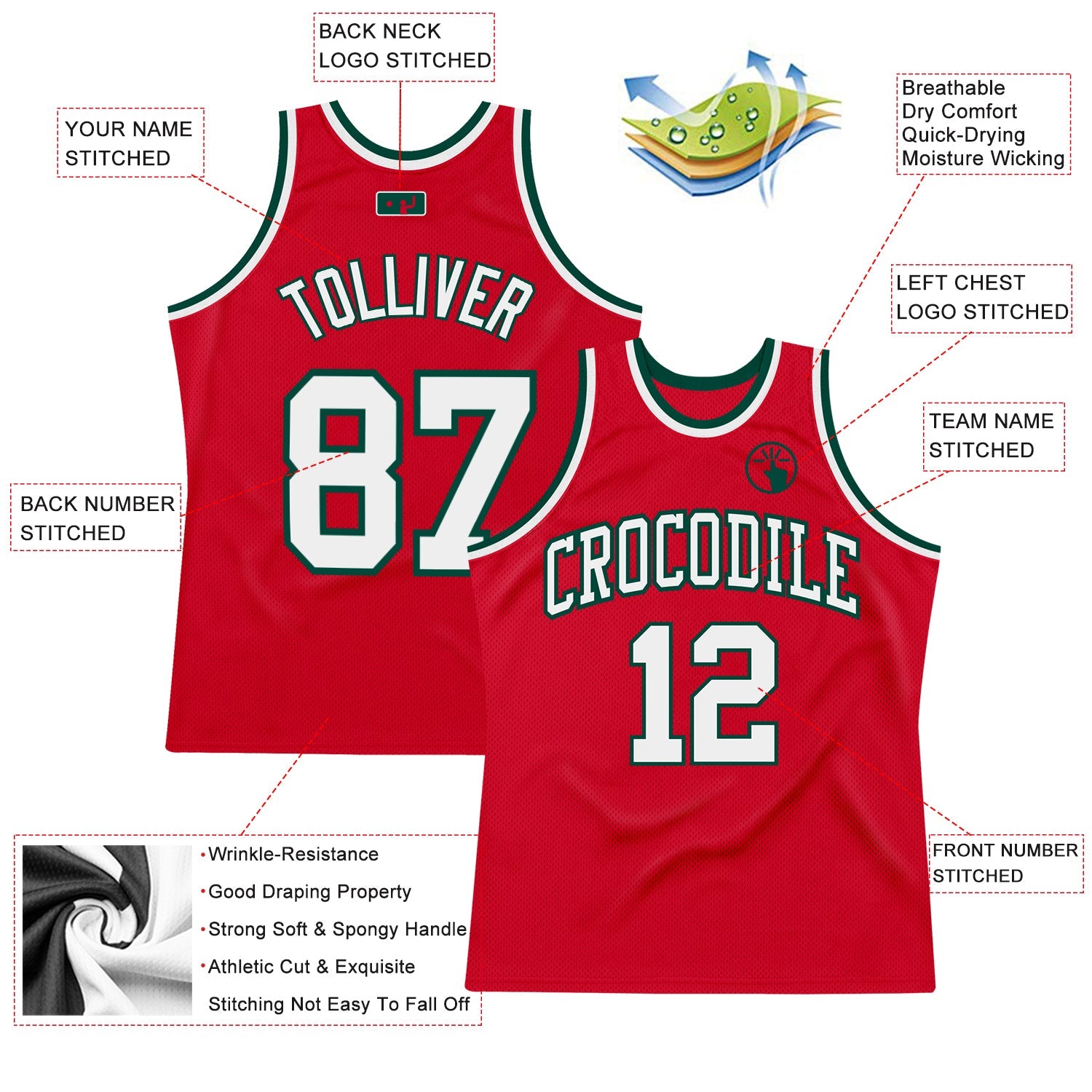 Custom Red White-Green Authentic Throwback Basketball Jersey view 2