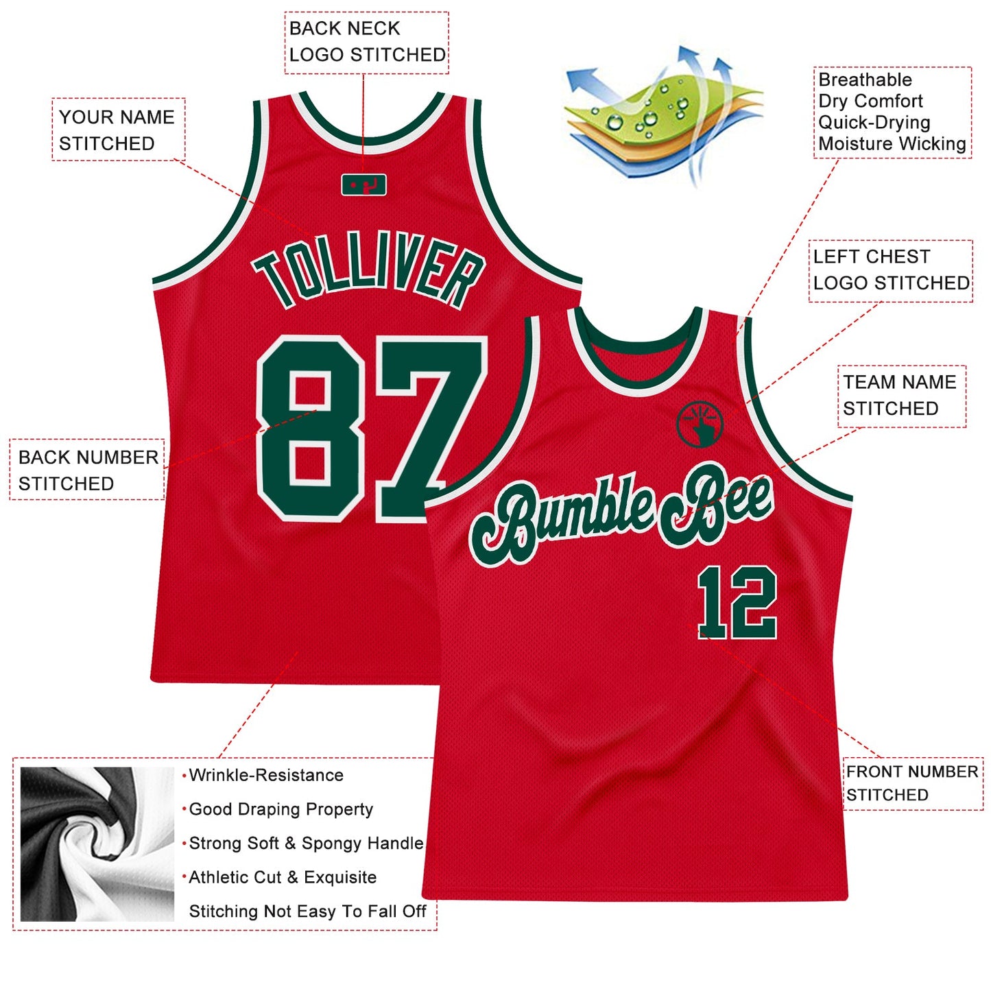 Custom Red Green-White Authentic Throwback Basketball Jersey view 2