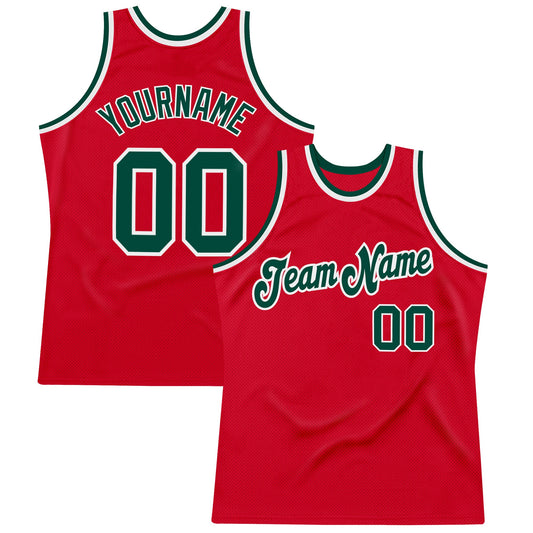 Custom Red Green-White Authentic Throwback Basketball Jersey - Main View