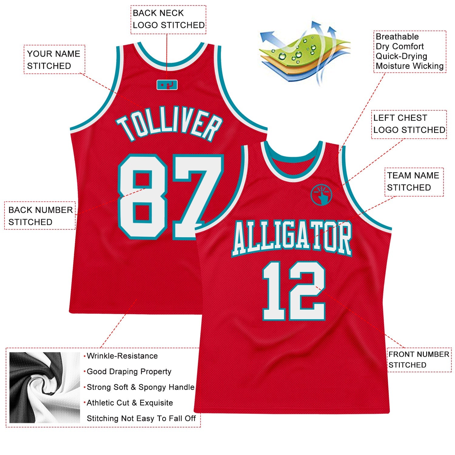 Custom Red White-Teal Authentic Throwback Basketball Jersey view 2