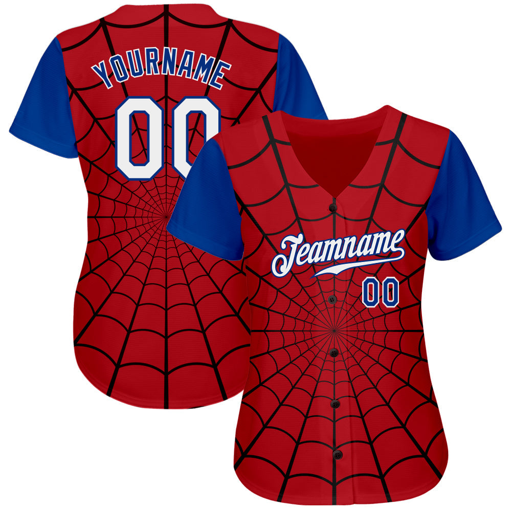 Custom Red White-Royal 3D Pattern Design Spider Web Authentic Baseball Jersey view 2