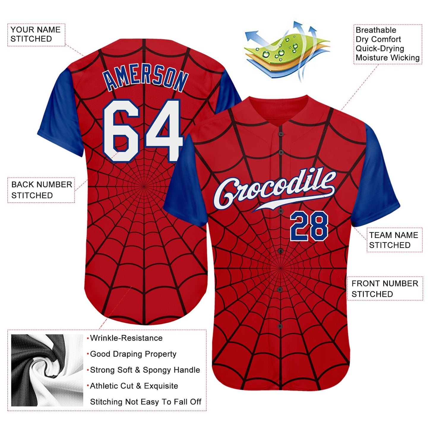 Custom Red White-Royal 3D Pattern Design Spider Web Authentic Baseball Jersey view 3