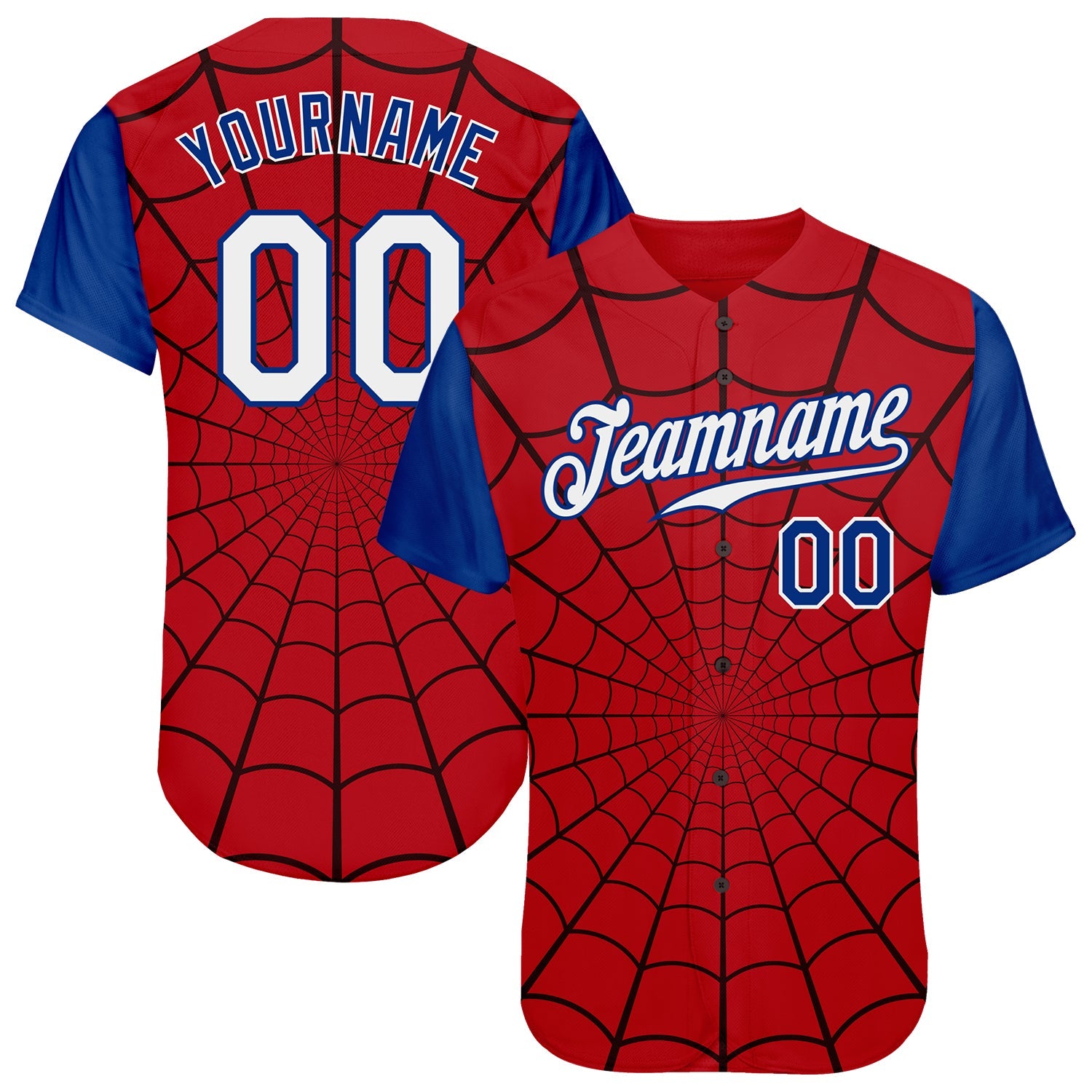 Custom Red White-Royal 3D Pattern Design Spider Web Authentic Baseball Jersey - Main View