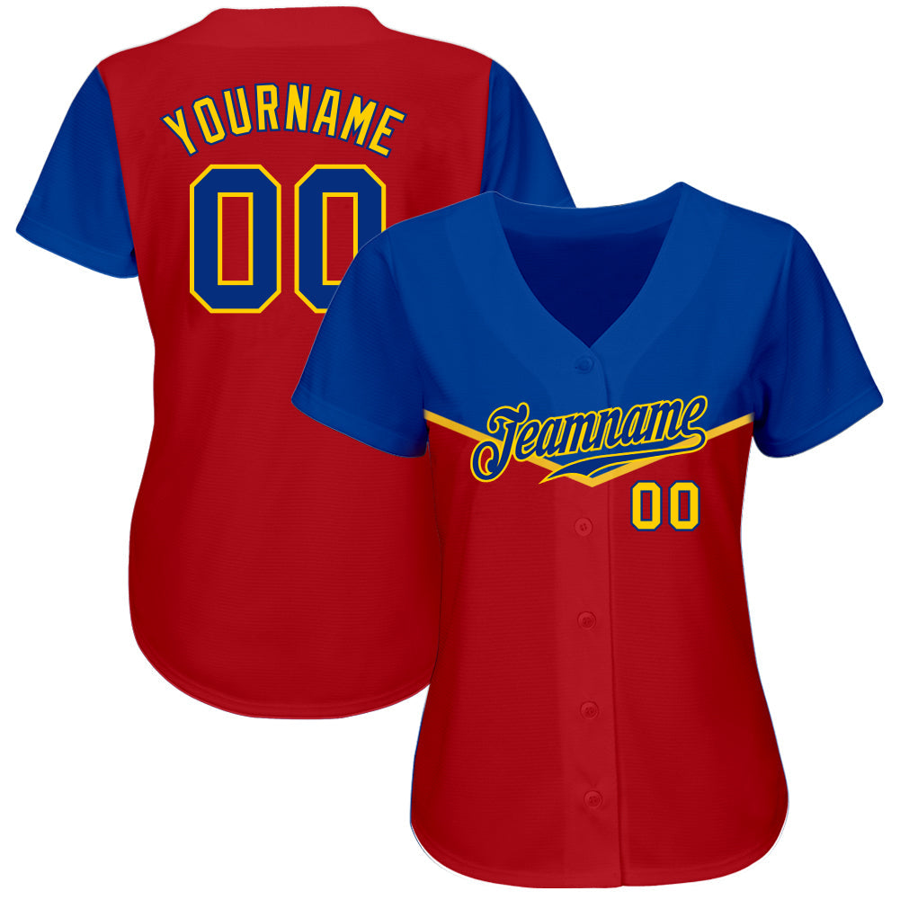 Custom Red Royal-Gold 3D Pattern Design Multicolor Authentic Baseball Jersey view 2