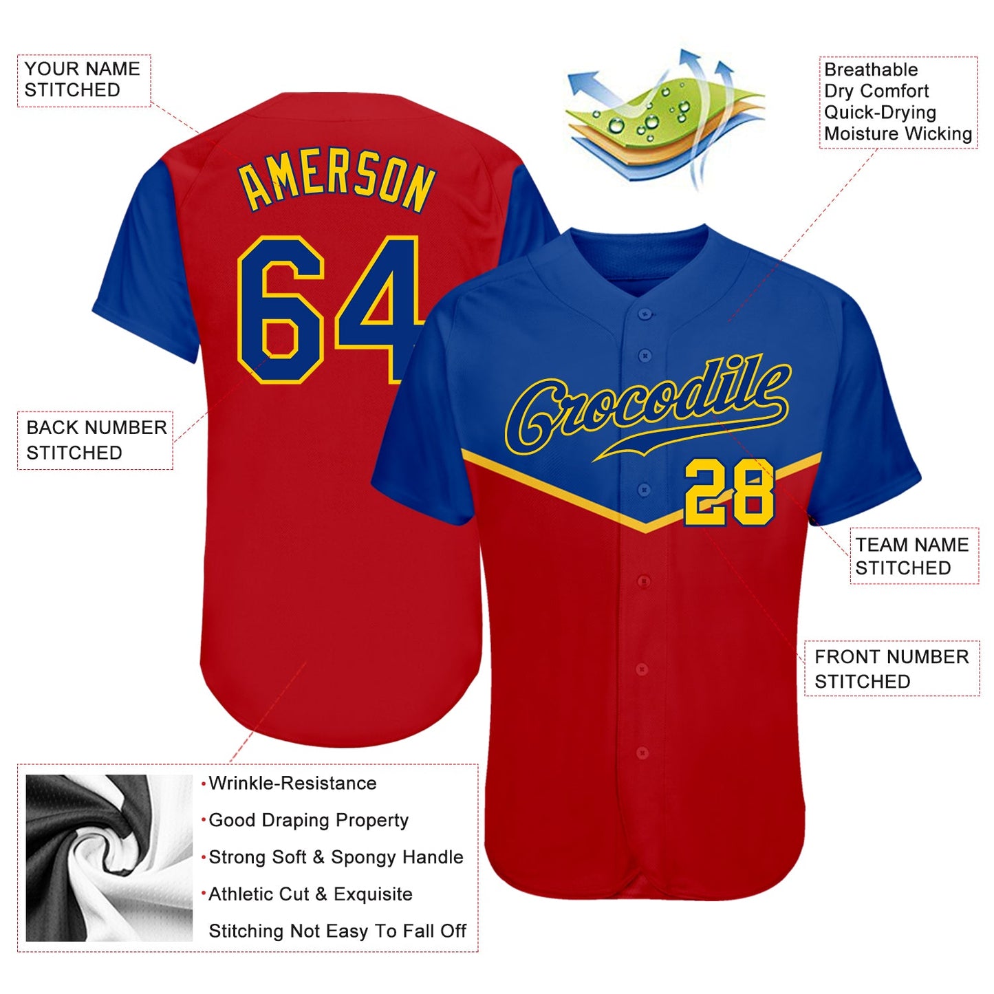 Custom Red Royal-Gold 3D Pattern Design Multicolor Authentic Baseball Jersey view 3
