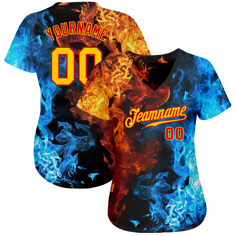 Custom Red Gold 3D Pattern Design Flame Authentic Baseball Jersey view 2