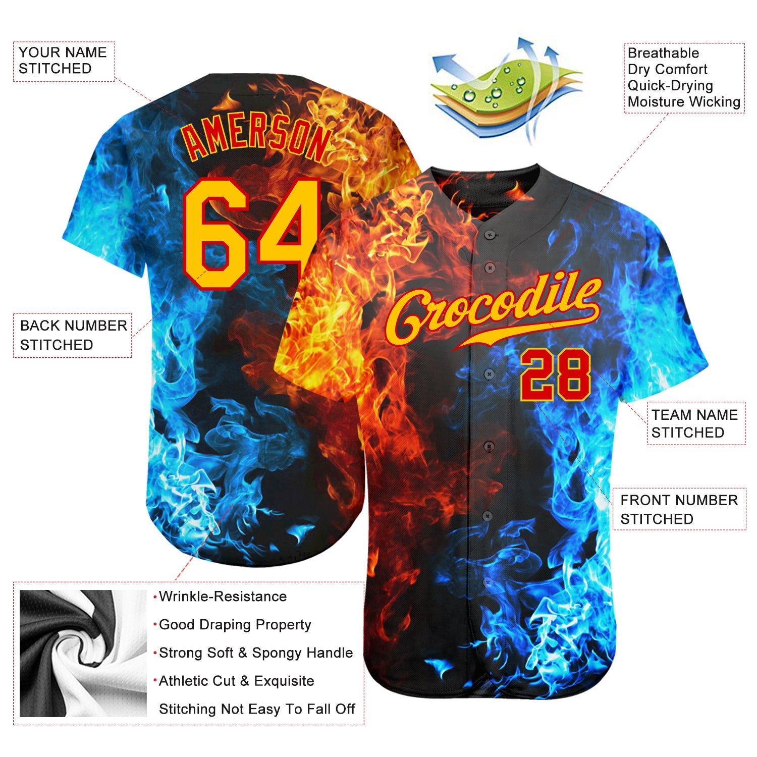 Custom Red Gold 3D Pattern Design Flame Authentic Baseball Jersey view 3