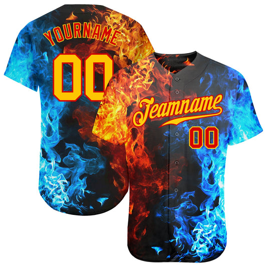 Custom Red Gold 3D Pattern Design Flame Authentic Baseball Jersey - Main View