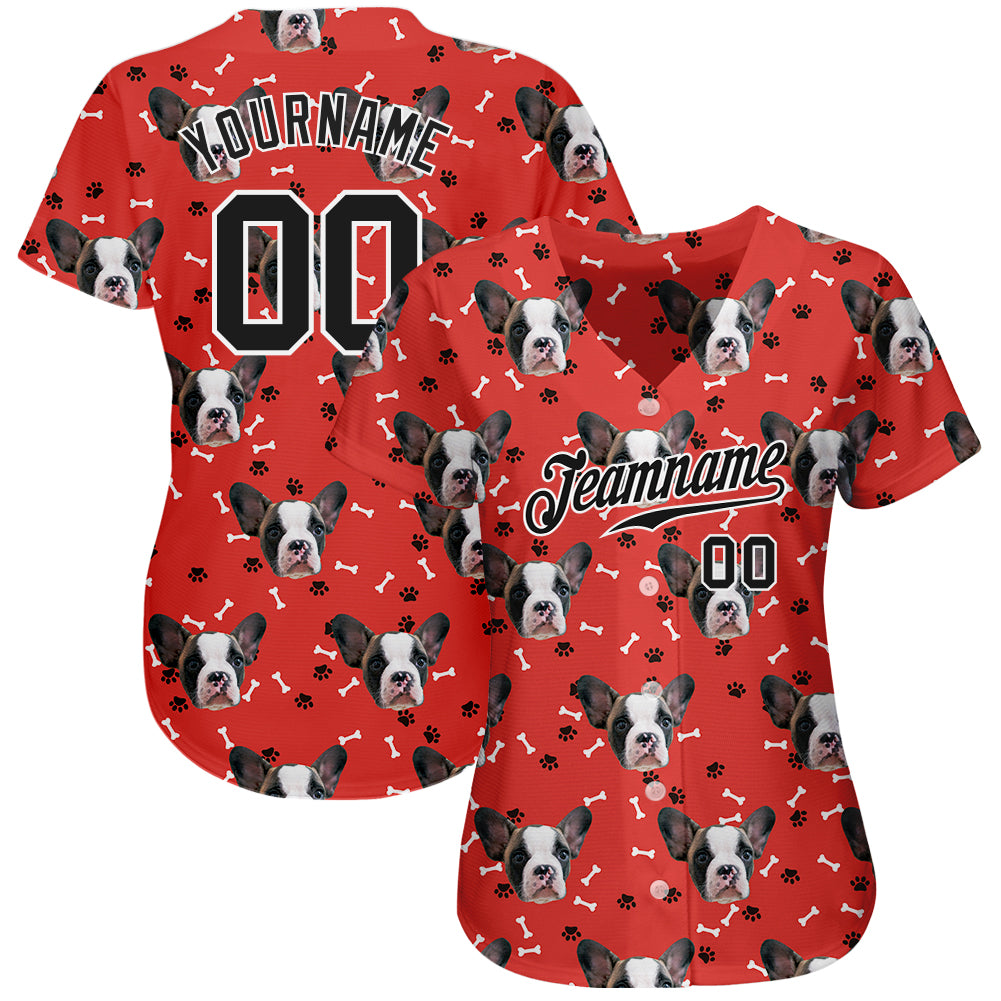Custom Red Black-White 3D Pattern Design Dogs Authentic Baseball Jersey view 2
