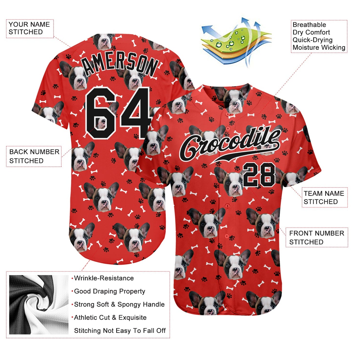 Custom Red Black-White 3D Pattern Design Dogs Authentic Baseball Jersey view 3