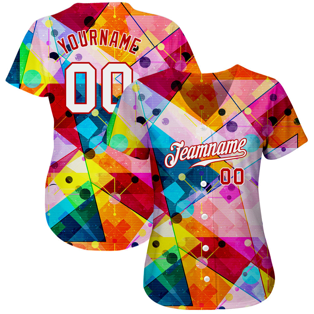 Custom Red White-Red 3D Pattern Design Geometric Graffiti Authentic Baseball Jersey view 2