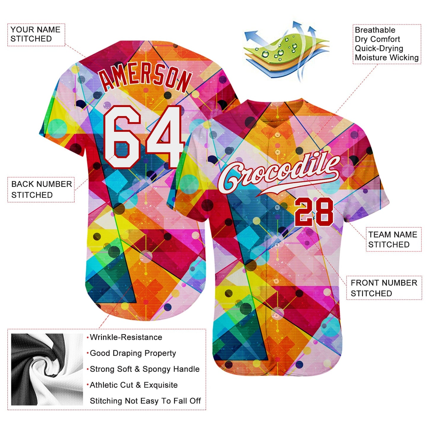 Custom Red White-Red 3D Pattern Design Geometric Graffiti Authentic Baseball Jersey view 3
