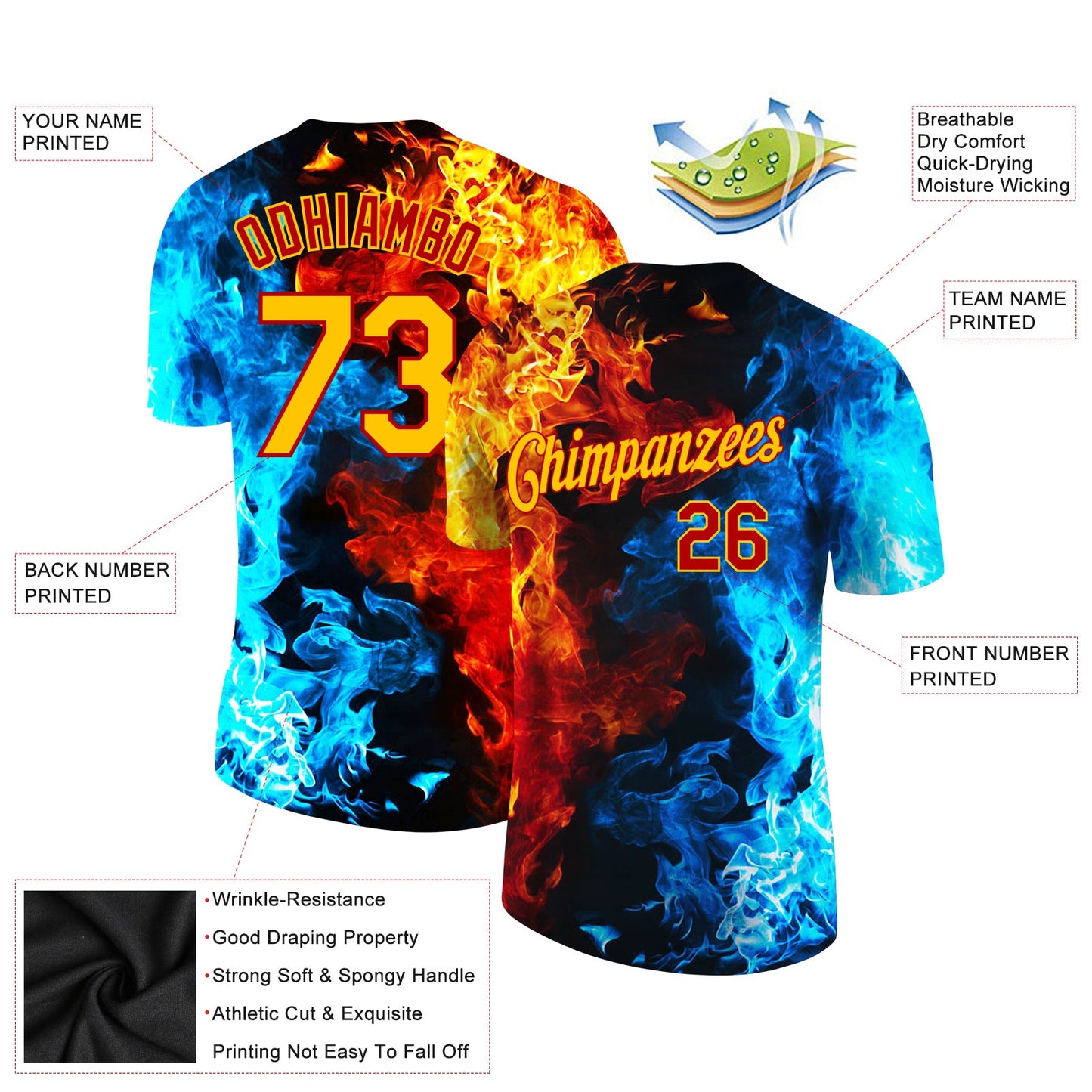 Custom Red Gold-Red 3D Pattern Design Flame Performance T-Shirt view 3