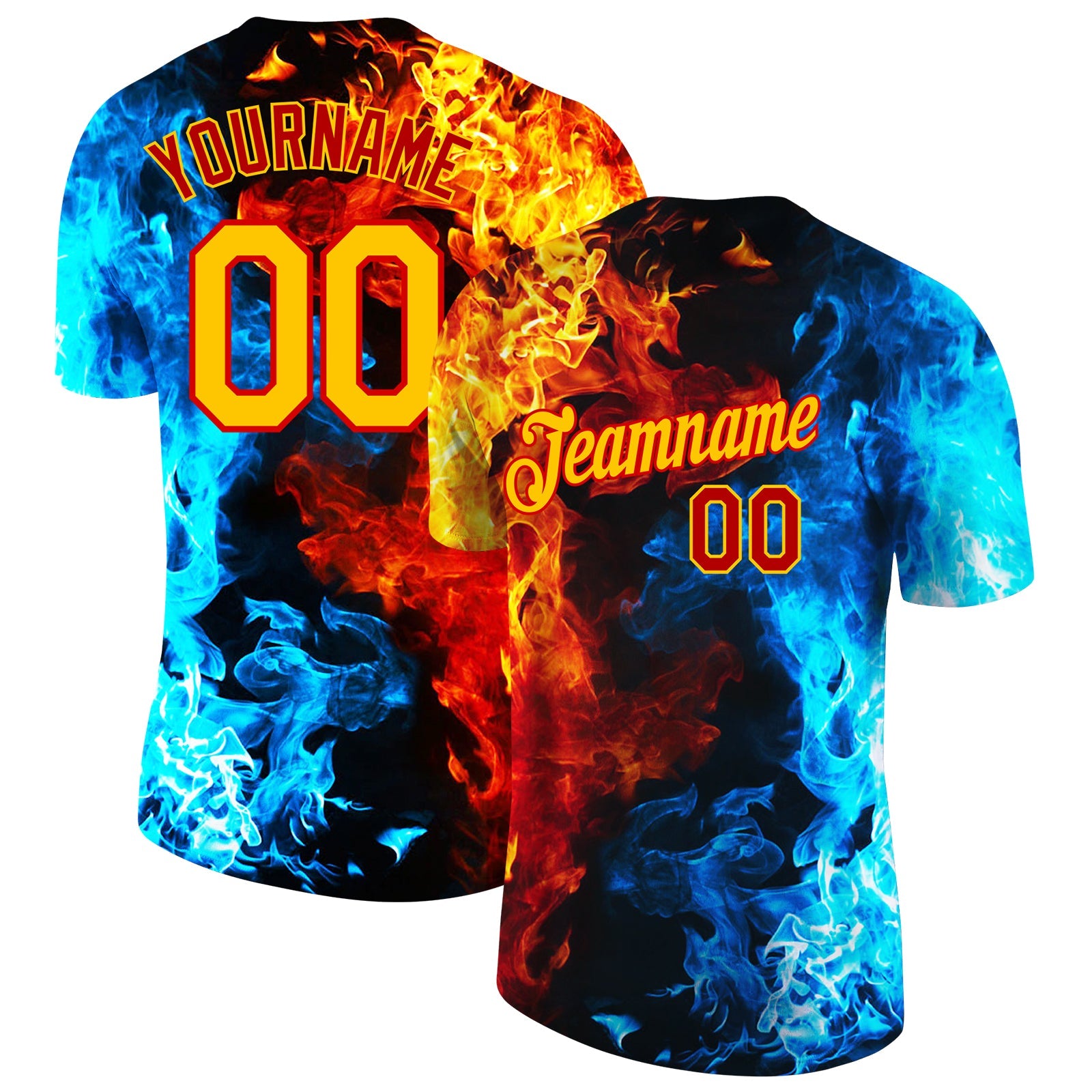 Custom Red Gold-Red 3D Pattern Design Flame Performance T-Shirt - Main View