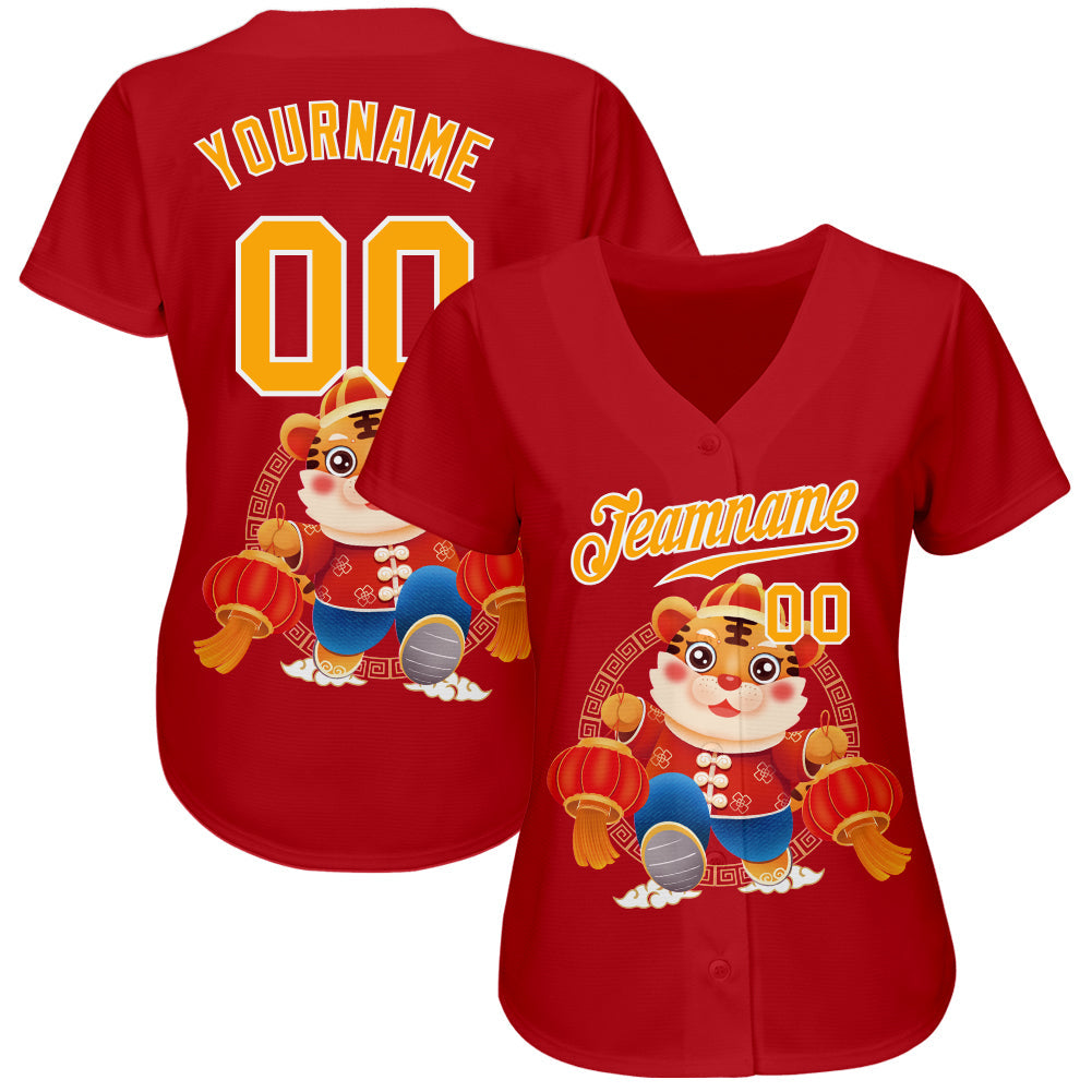 Custom Red Gold-White 3D Pattern Design Cute Tiger Authentic Baseball Jersey view 2