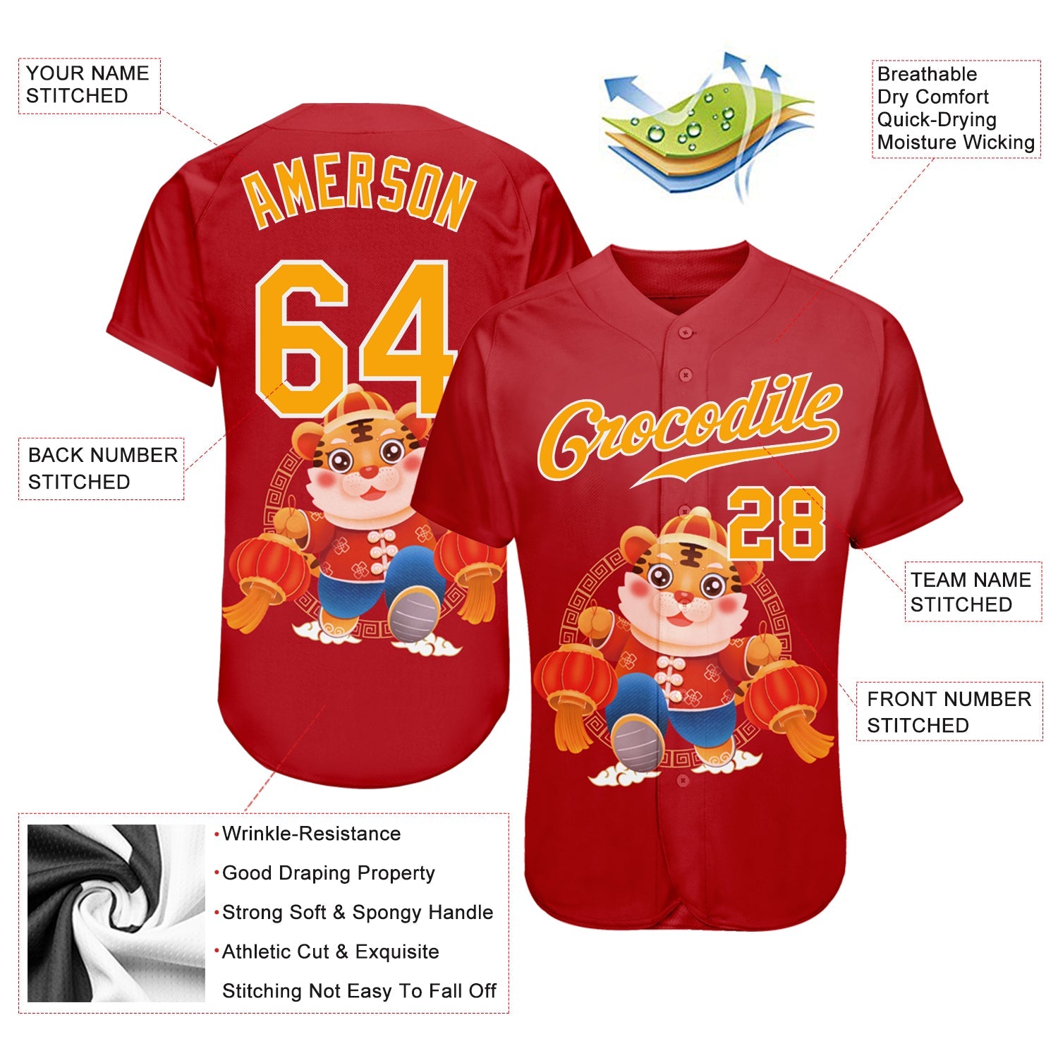 Custom Red Gold-White 3D Pattern Design Cute Tiger Authentic Baseball Jersey view 3