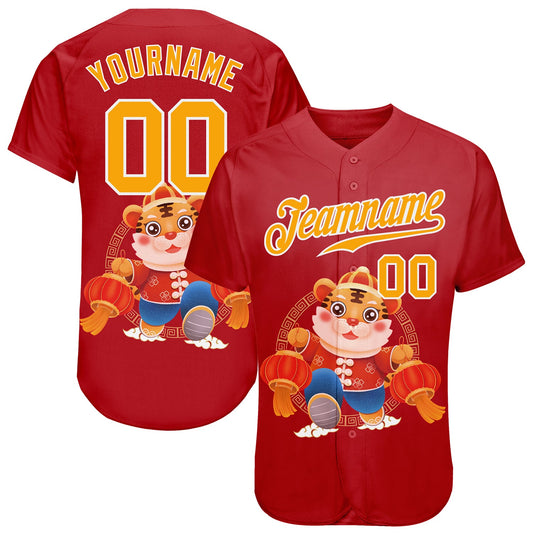 Custom Red Gold-White 3D Pattern Design Cute Tiger Authentic Baseball Jersey - Main View
