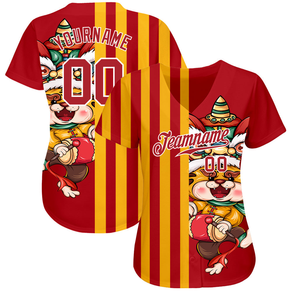 Custom Red Red-White 3D Pattern Design Cute Tiger Authentic Baseball Jersey view 2